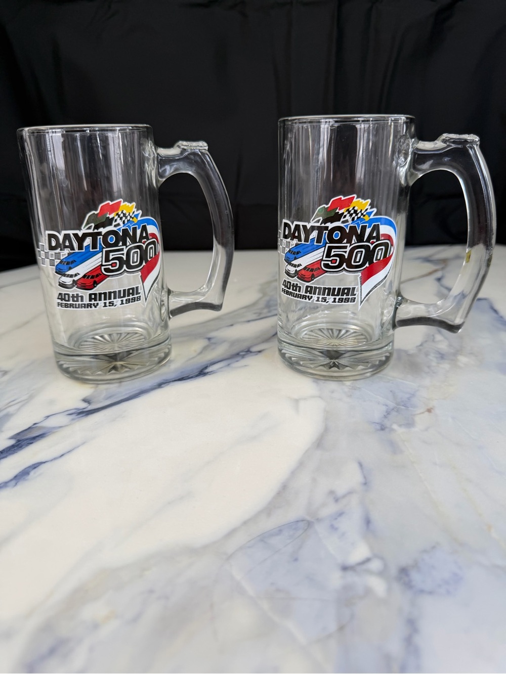 Vintage 1998 Daytona 500 40th Annual NASCAR Glass Beer Mugs Steins Set of 2 - Picture 1 of 6